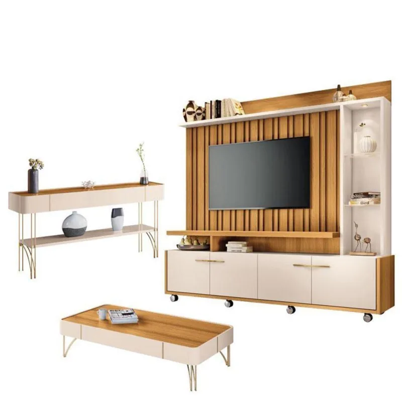Estante Home Theater Titan E Aparador Vivant E Mesa De Centro Cadenza Cinamomo Off White - Hb Móveis - Hb Moveis