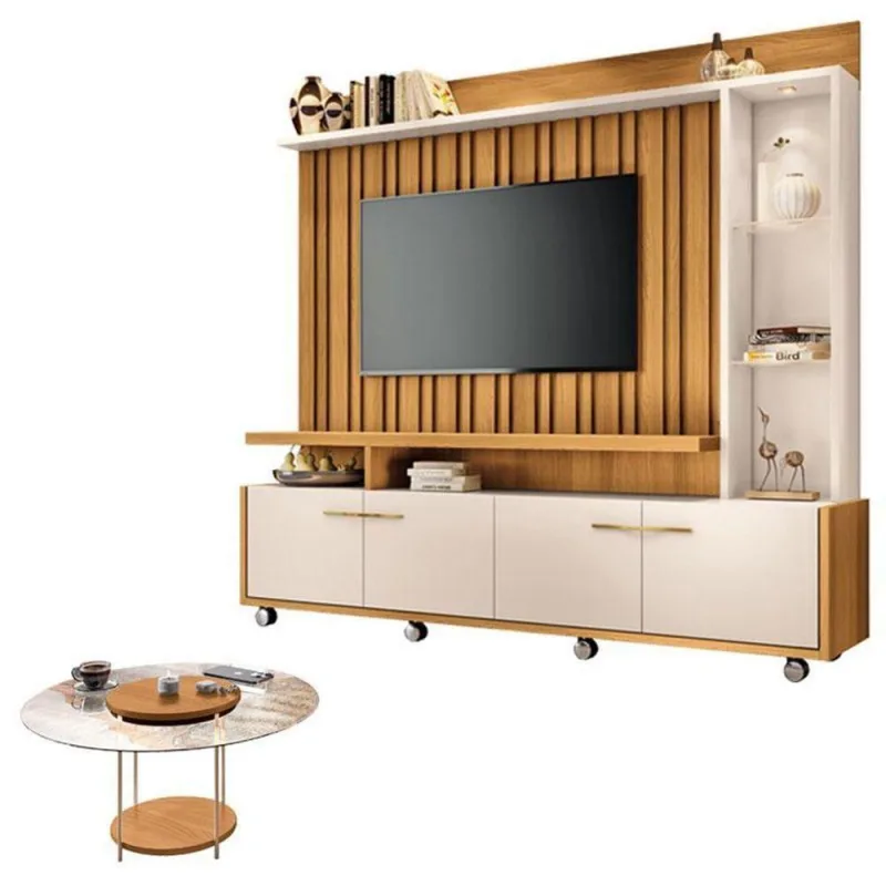 Estante Home Theater Titan Off White Cinamomo E Mesa De Centro Sky Com Tampo De Vidro Cinamomo - Hb Móveis - Hb Moveis