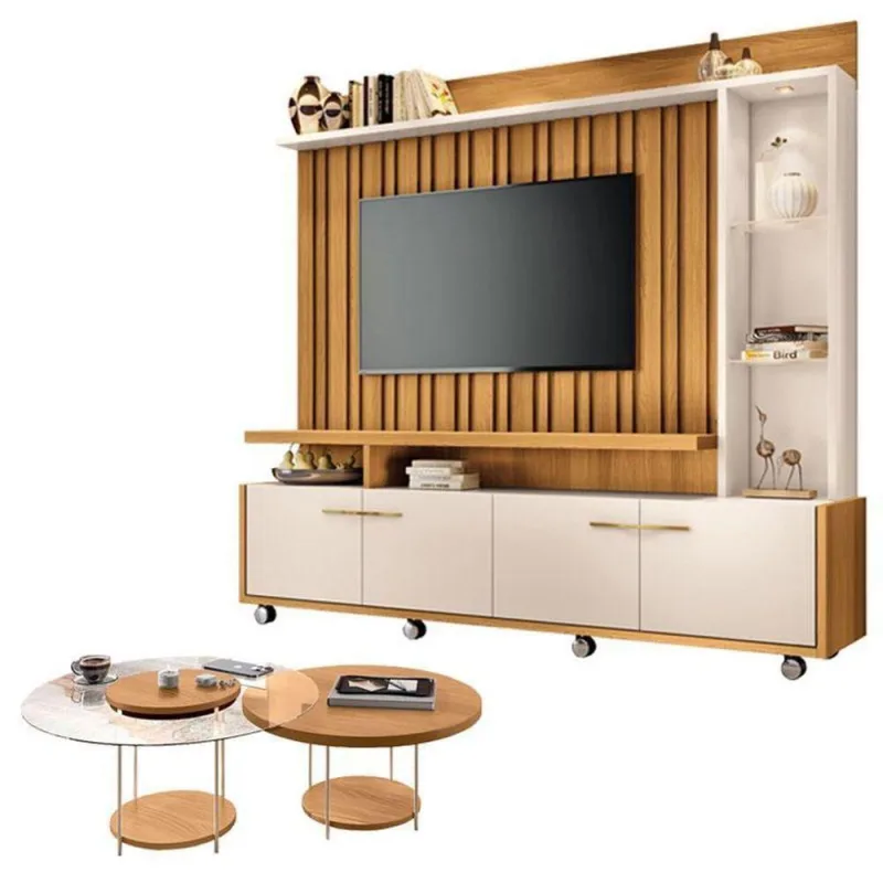 Estante Home Theater Titan Off White Cinamomo E Kit Mesa De Centro Sky Cinamomo - Hb Móveis - Hb Moveis