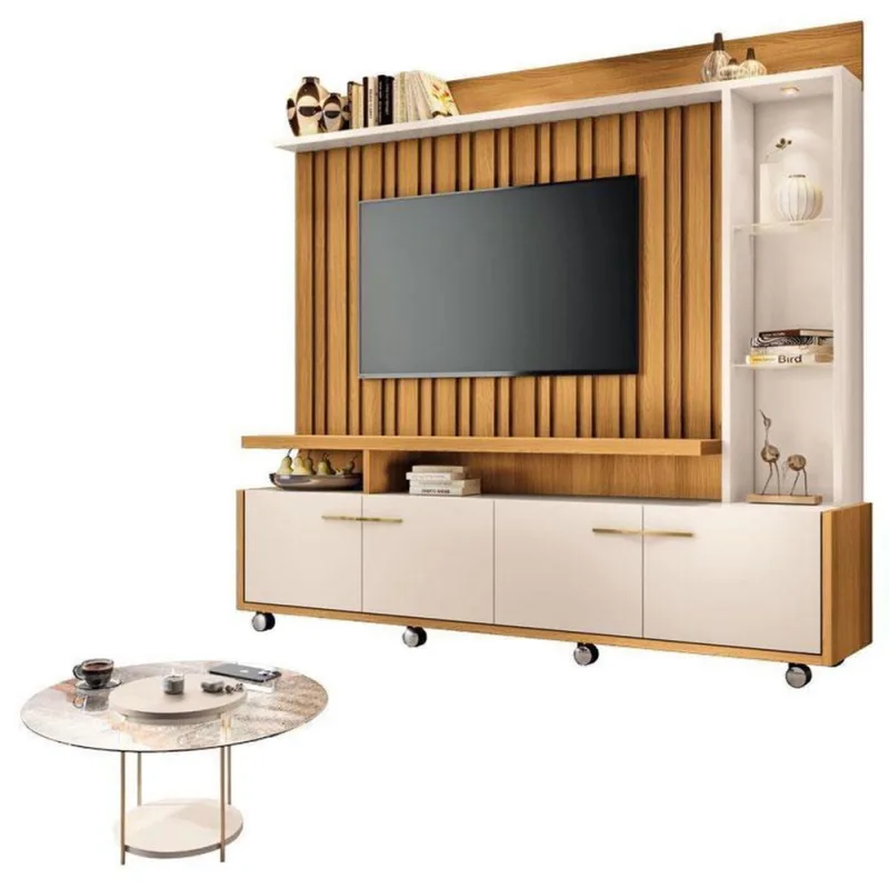 Estante Home Theater Titan Off White Cinamomo E Mesa De Centro Sky Com Tampo De Vidro Off White - Hb Móveis - Hb Moveis