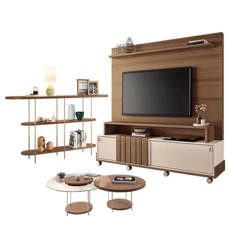 Estante Home Theater Bold Off White Castanho E Aparador Infinity E Kit Mesa De Centro Sky Castanho – Hb Móveis - Hb Moveis