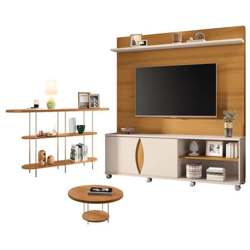 Estante Home Theater Luxor Cinamomo Off White E Aparador Infinity E Mesa De Centro Sky Cinamomo- Hb Móveis - Hb Moveis