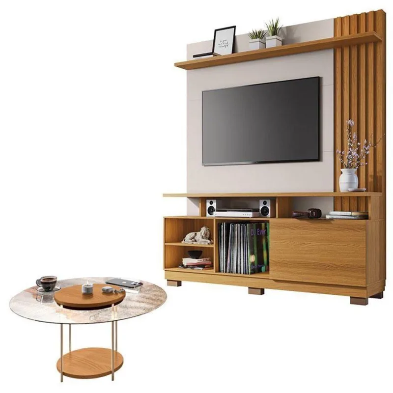 Estante Home Theater Artheo Cinamomo Off White E Mesa De Centro Sky Com Tampo De Vidro Cinamomo- Hb Móveis - Hb Moveis