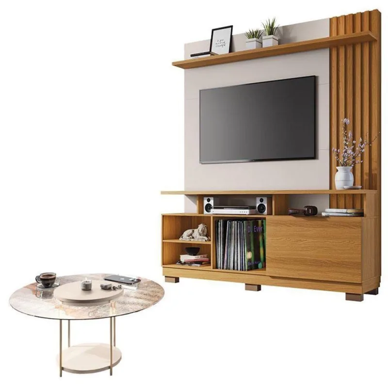Estante Home Theater Artheo Cinamomo Off White E Mesa De Centro Sky Com Tampo De Vidro Off White- Hb Móveis - Hb Moveis
