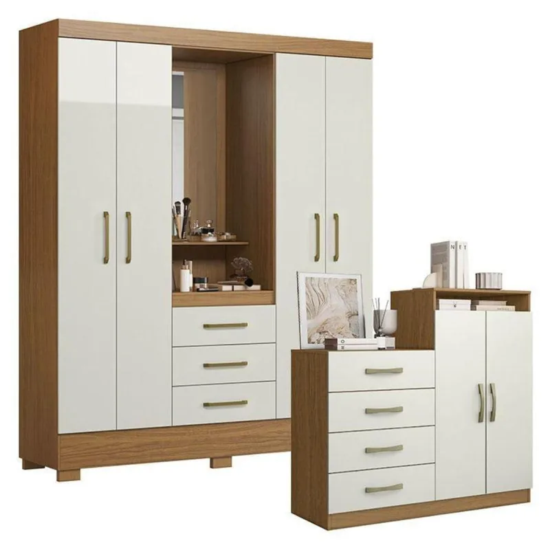 Cômoda e Guarda Roupa Solteiro Londres Paris 2045150 4 Portas de Bater 3 Gavetas MDP Atacama Off - OUTRAS