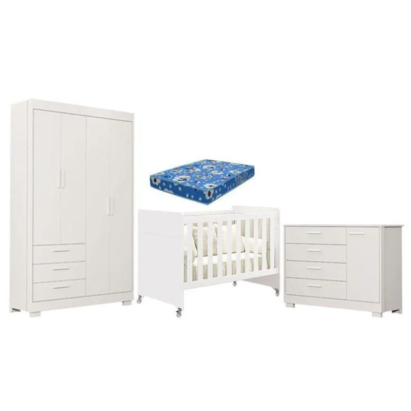 Quarto De Bebê Zaki E Berço Americano Evolution 4 Em 1 Branco Acetinado Com Colchão Ortobom - Reller - OUTRAS - Colchões