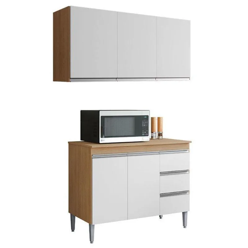 Balcão De Cozinha Com Tampo 100cm E Armário Aéreo 3 Portas Andréia Amêndoa Branco - Ajl