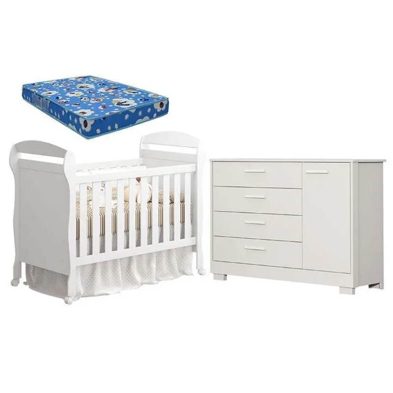Conjunto Berço Americano Danny e Cômoda Zaki MDF com Colchão Incluso Branco Acetinado