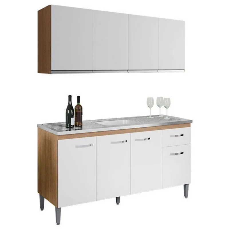 Balcão De Pia Gabriela 150cm E Armário Aéreo Andréia Amêndoa Branco - Ajl