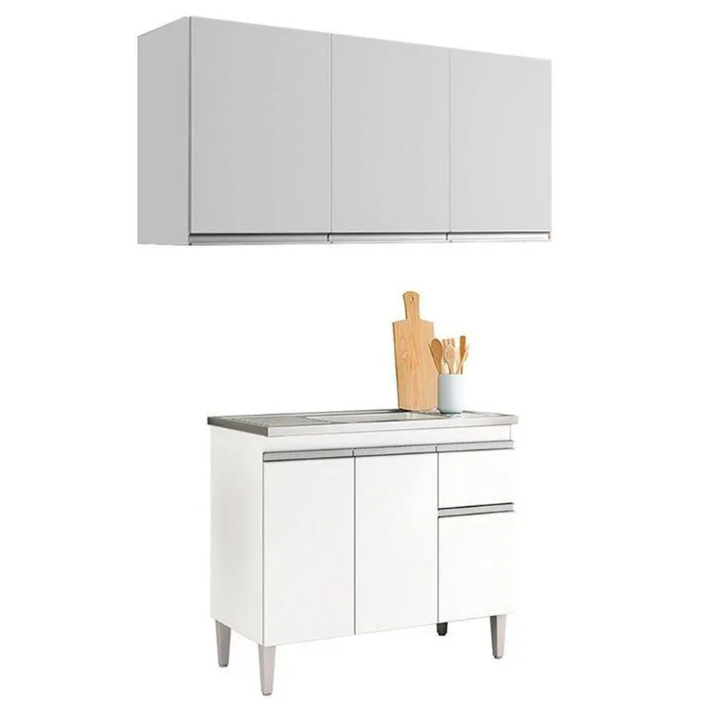 Balcão De Pia Tatiane 100cm E Armário Aéreo Andréia 3 Portas Branco Brilho - Ajl