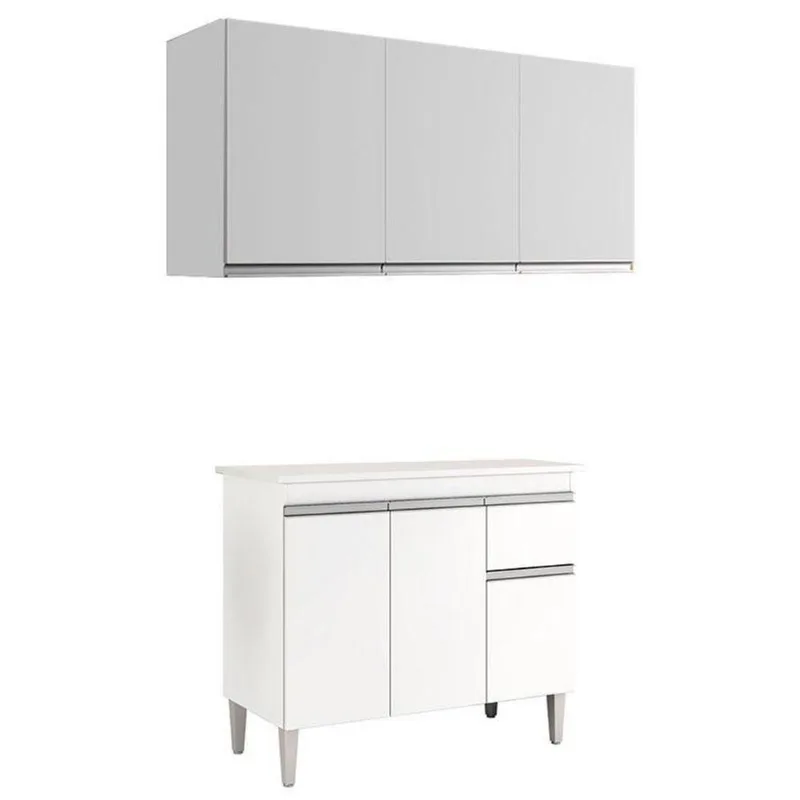Balcão De Cozinha Tatiane Com Tampo 100cm E Armário Aéreo Andréia 3 Portas Branco Brilho - Ajl