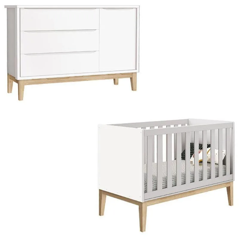 Berço Americano E Cômoda Infantil 1 Porta Classic Branco Com Pés Madeira Natural ? Reller