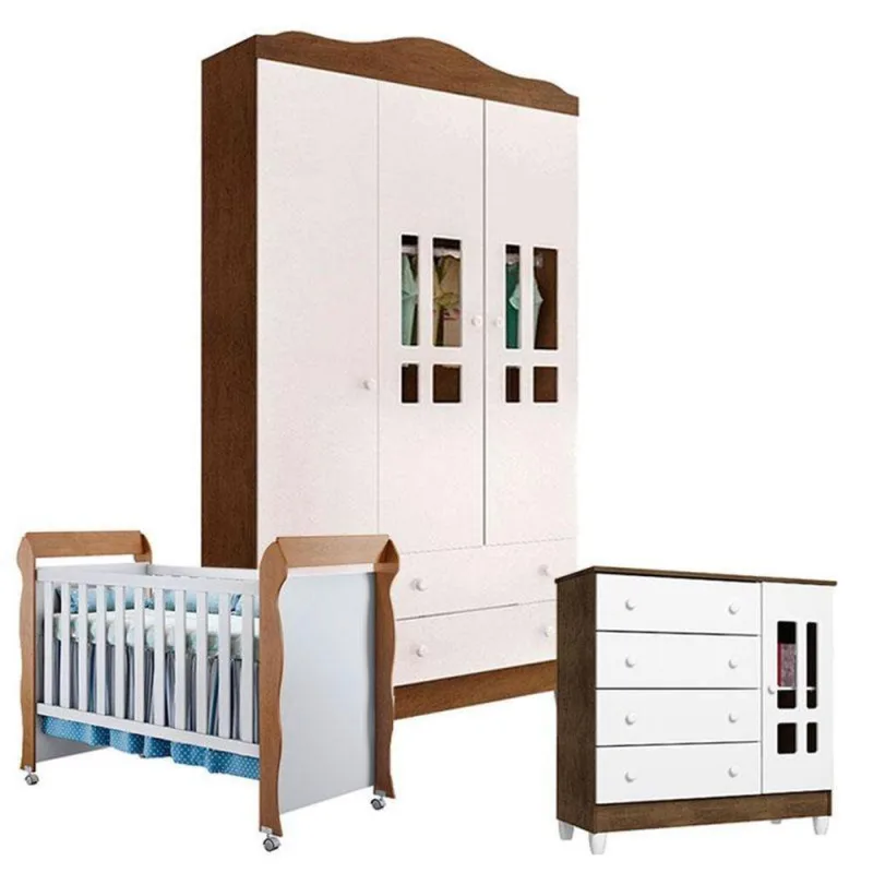 Quarto De Bebê Ariel 3 Portas Com Berço Mirelle Branco Acetinado Amadeirado – Carolina - Carolina Baby - Móveis