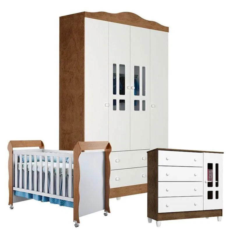 Quarto De Bebê Ariel 4 Portas Com Berço Mirelle Branco Acetinado Amadeirado – Carolina - Carolina Baby - Móveis