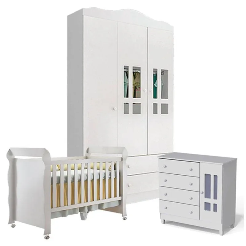 Quarto De Bebê Ariel 3 Portas Com Berço Mirelle Branco Brilho - Carolina - Carolina Baby