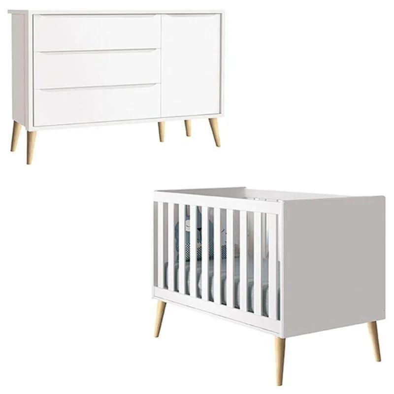 Berço Americano E Cômoda Com Porta Infantil Theo Branco Acetinado Pés Madeira Natural ? Reller