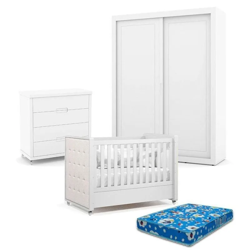 Quarto De Bebe 2 Portas Tutto New Com Capitonê New Boucle E Gaveteiro Branco Acetinado Com Colchão Ortobom - Matic - OUTRAS - Esporte E Lazer