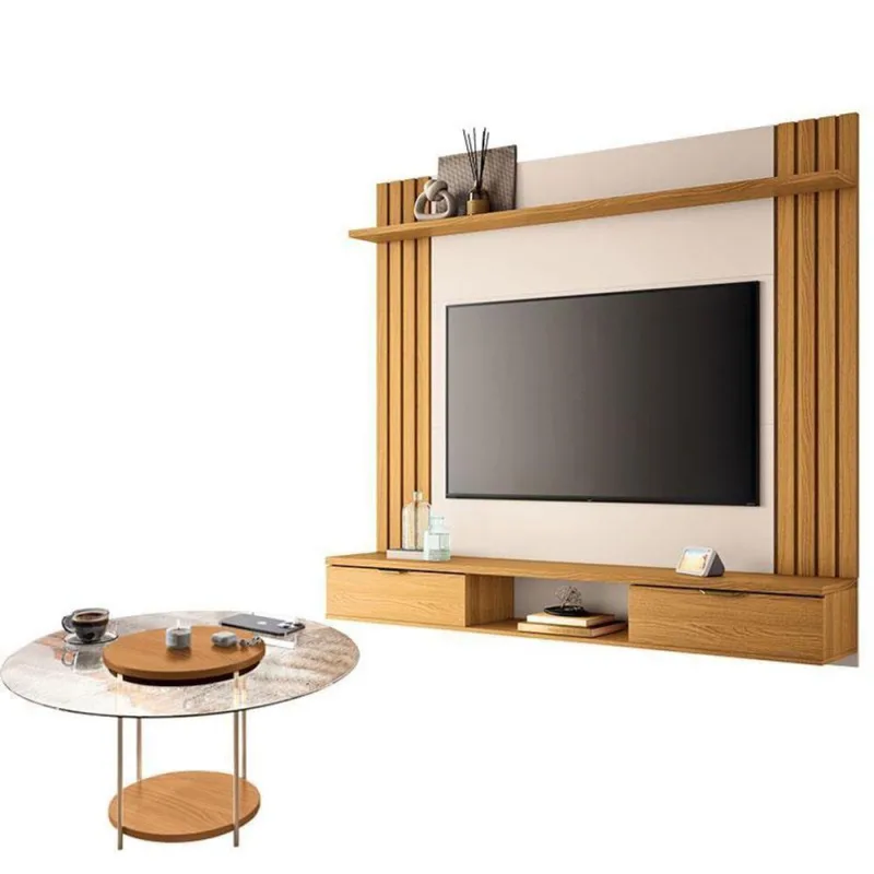 Painel Para Tv Suspenso Solus E Mesa De Centro Sky Com Tampo De Vidro Cinamomo Off White – Hb Móveis - Hb Moveis