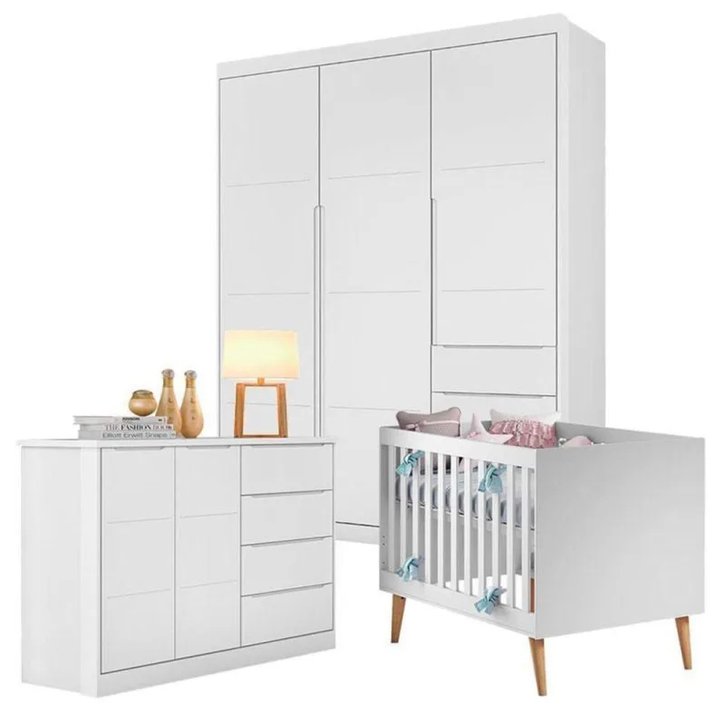 Quarto De Bebê Blenda E Berço Americano Ludmila Branco Acetinado - Phoenix - Phoenix Baby - Agro
