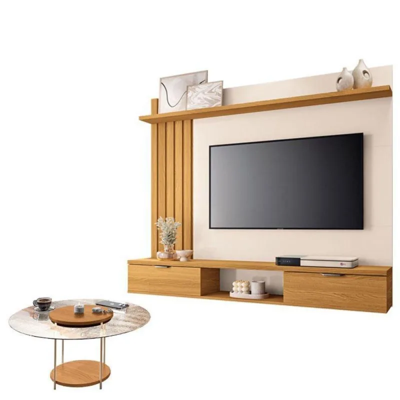 Painel Para Tv Suspenso Lets E Mesa De Centro Sky Com Tampo De Vidro Cinamomo Off White – Hb Móveis - Hb Moveis