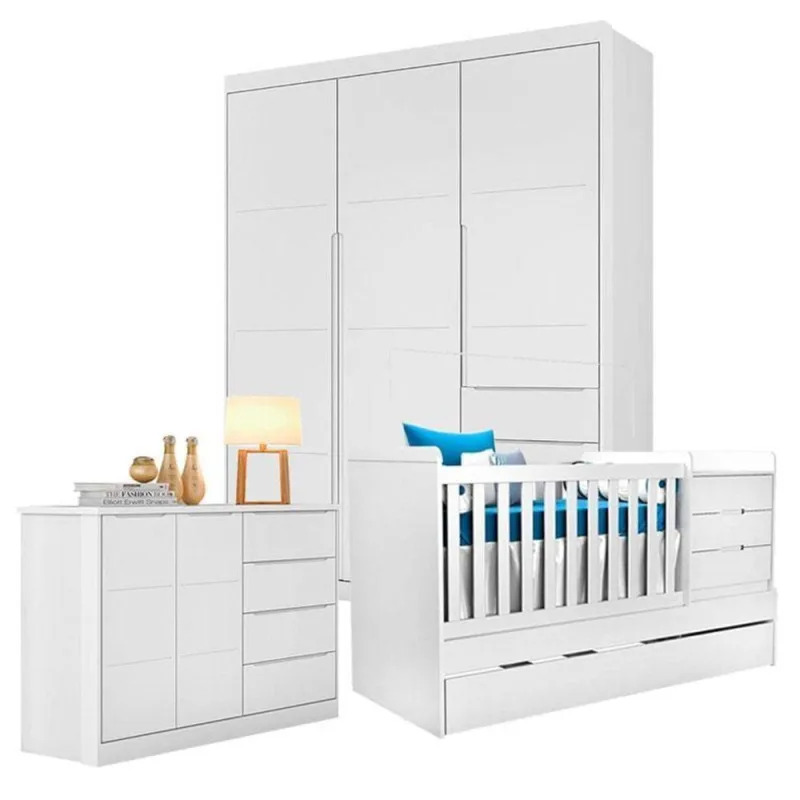 Quarto De Bebê Blenda Com Berço Multifuncional Cleo Branco Acetinado – Phoenix - Phoenix Baby