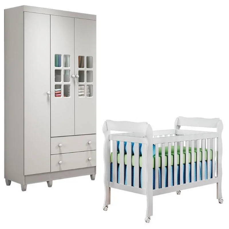 Berço Americano Lila E Guarda Roupa Mariah 3 Portas Branco Brilho – Carolina