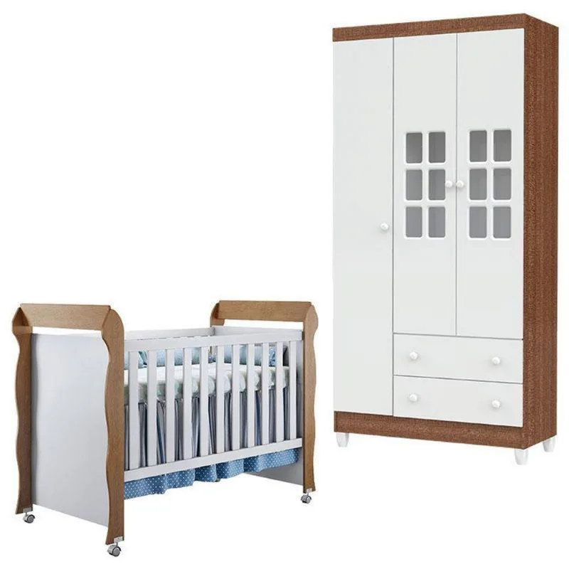 Berço Mirelle E Guarda Roupa Mariah 3 Portas Branco Acetinado Amadeirado – Carolina