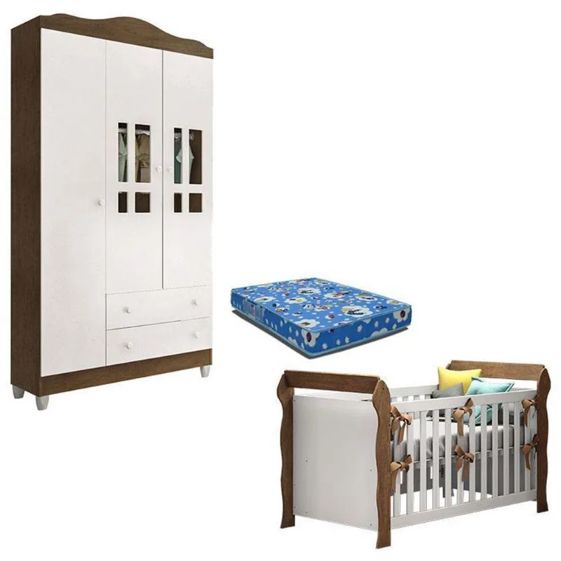 Berço Americano Lara E Guarda Roupa Ariel 3 Portas Branco Acetinado Amadeirado Com Colchão – Carolina