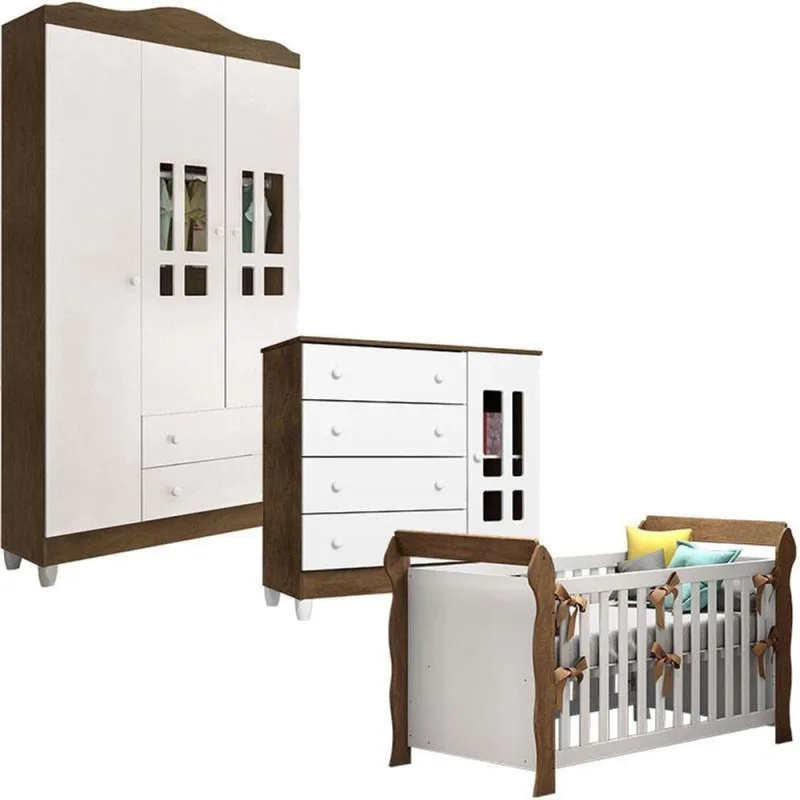 Quarto De Bebê Ariel 3 Portas E Berço Lara Branco Acetinado Amadeirado - Carolina - Carolina Baby