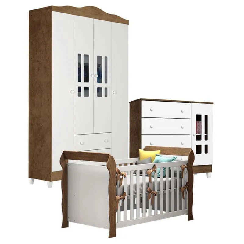 Quarto De Bebê Ariel 4 Portas E Berço Lara Branco Acetinado Amadeirado – Carolina - Carolina Baby - Móveis