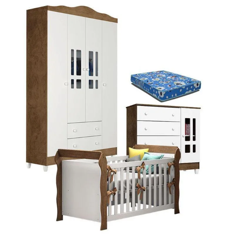 Quarto De Bebê Ariel 4p Berço Lara Branco Acetinado Amadeirado Com Colchão – Carolina