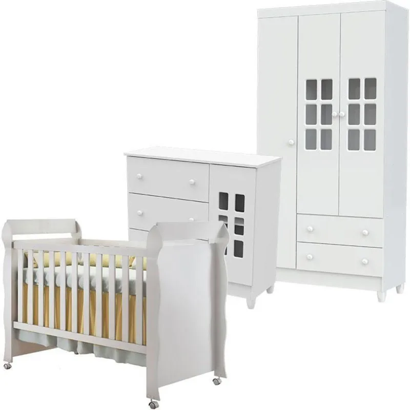Quarto De Bebê Mariah 3p Com Berço Mirelle Branco Brilho - Carolina - Carolina Baby
