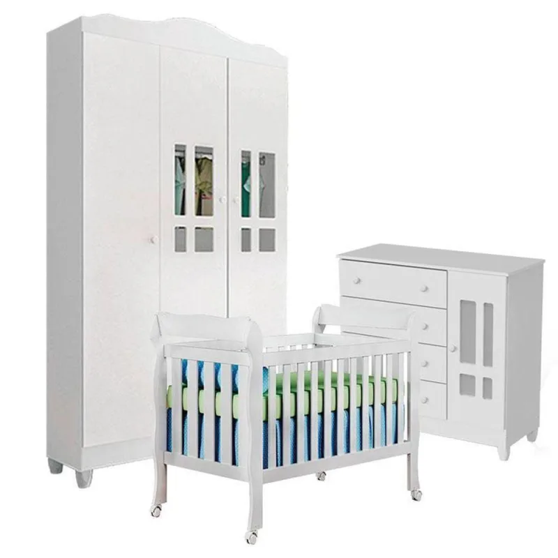 Quarto De Bebê Ariel 3 Portas Com Berço Lila Branco Brilho - Carolina Móveis - Carolina Baby - Agro