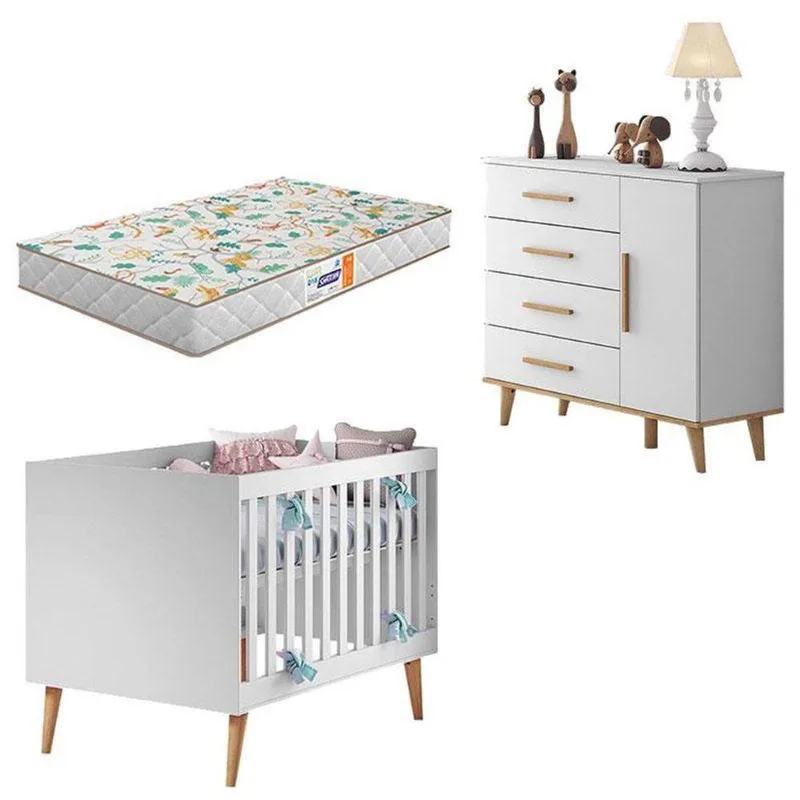Berço Americano E Cômoda Infantil Ludmila Branco Bétula Com Colchão Gazin – Carolina