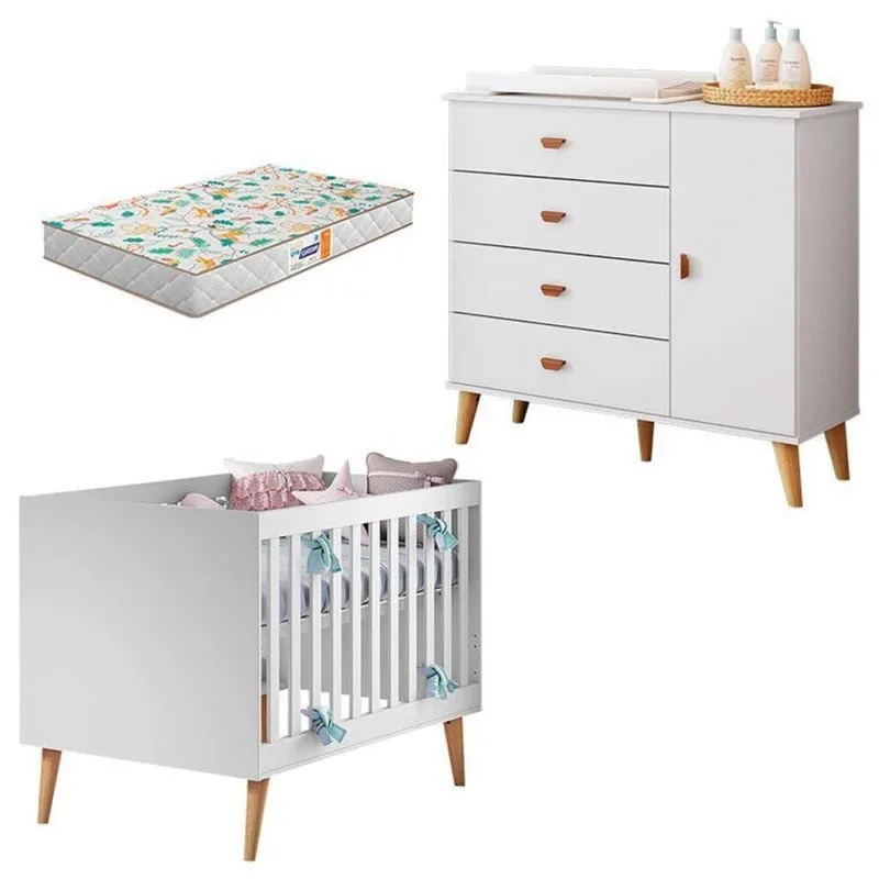 Berço Americano Ludmila em MDF com Colchão Incluso Branco com Cômoda Infantil - Carolina Baby