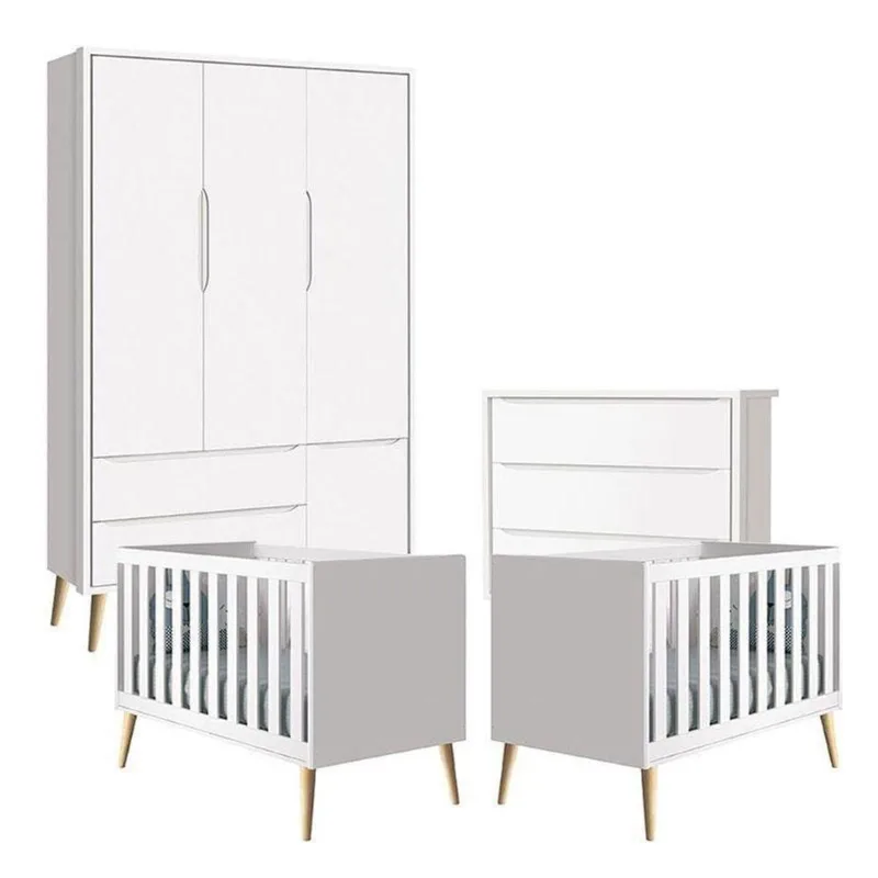 Quarto de Bebê Theo 3 Portas com Cômoda Gaveteiro em MDF 135cm Branco Acetinado Reller