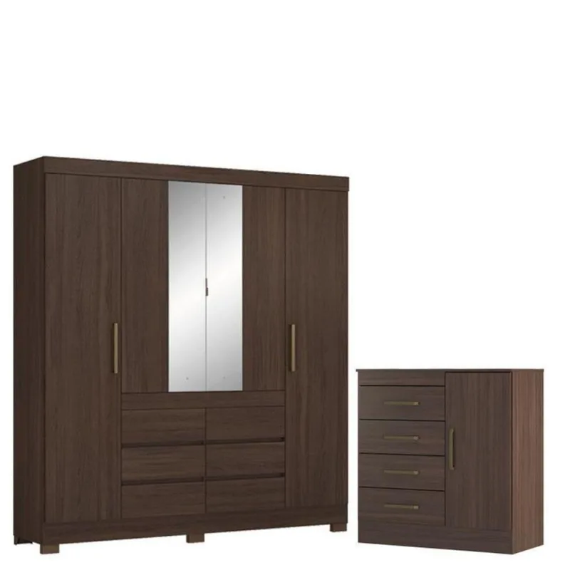 Guarda Roupa Casal Cádis 4 Portas 6 Gavetas em MDP com Espelho Café Touch - Demóbile