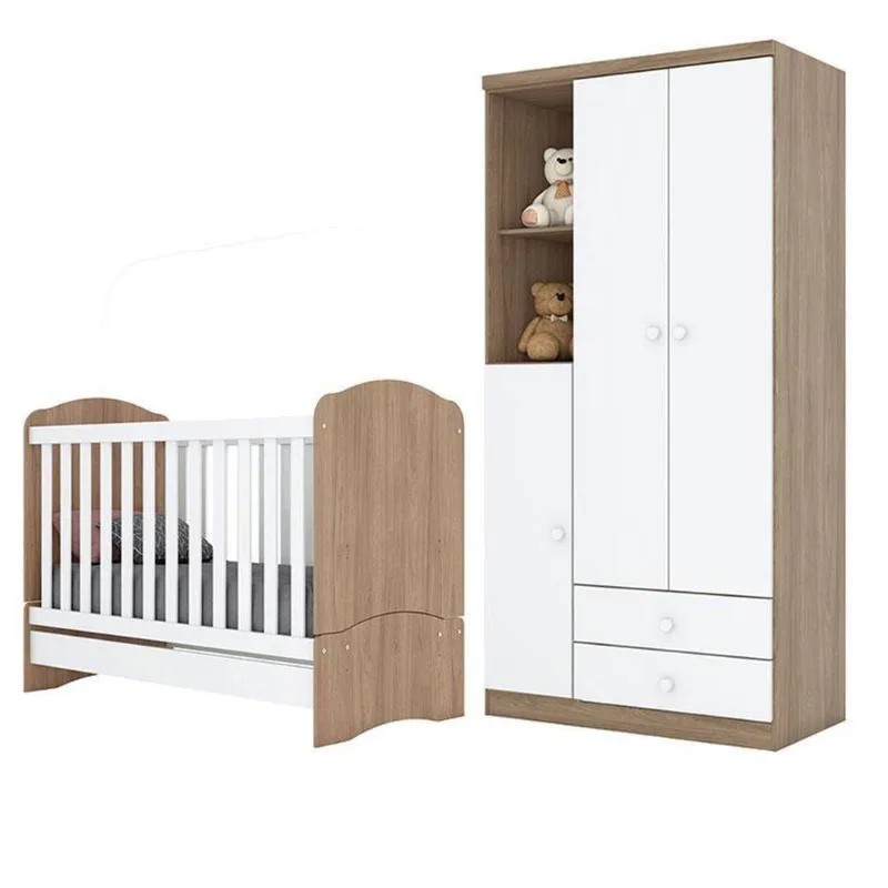 Berço Nacional Bala De Menta E Guarda Roupa Infantil Pique-esconde Rústico Branco - Henn