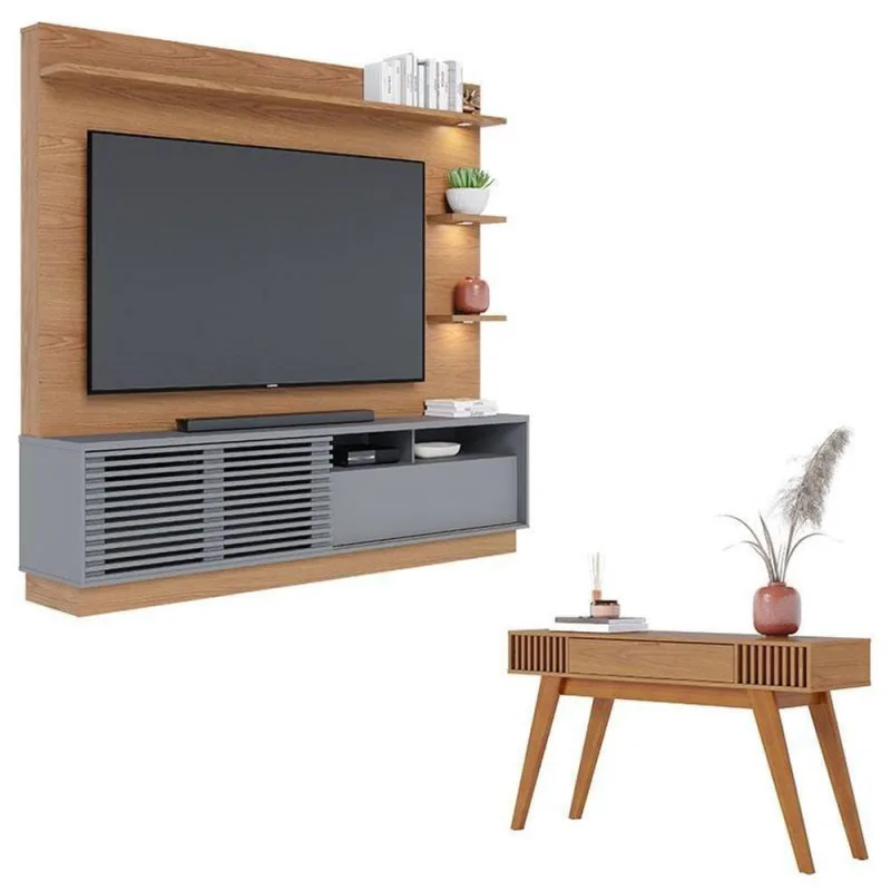 Estante Home Theater Campeche Freijó Cinza Acetinado Com Aparador Riviera Freijó ? Colibri - colibri móveis - Móveis