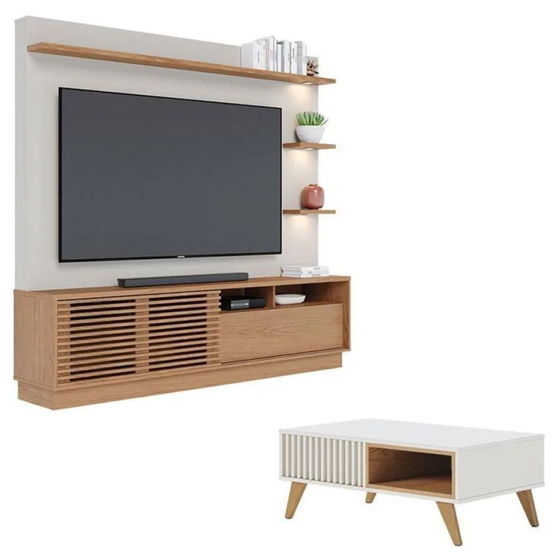 Estante Home Theater Campeche Freijó Off White Matte Com Mesa De Centro Jeri Off White Freijó - Colibri - colibri móveis - Móveis