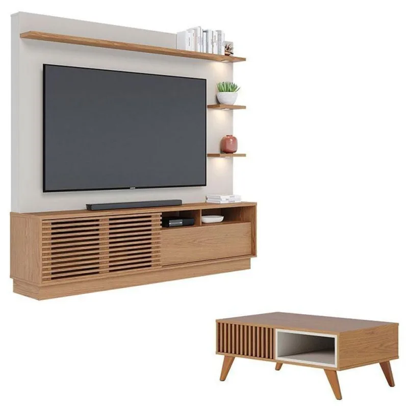Estante Home Theater Campeche Freijó Off White Matte Com Mesa De Centro Jeri Freijó Off White- Colibri - colibri móveis - Móveis