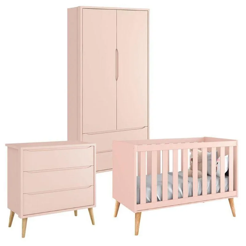 Quarto De Bebê Theo 2 Portas Rosa Com Pés Madeira Natural - Reller