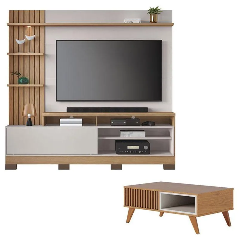 Estante Home Theater Maceió Com Pés E Mesa De Centro Jeri Freijó Off White - Colibri - colibri móveis - Móveis