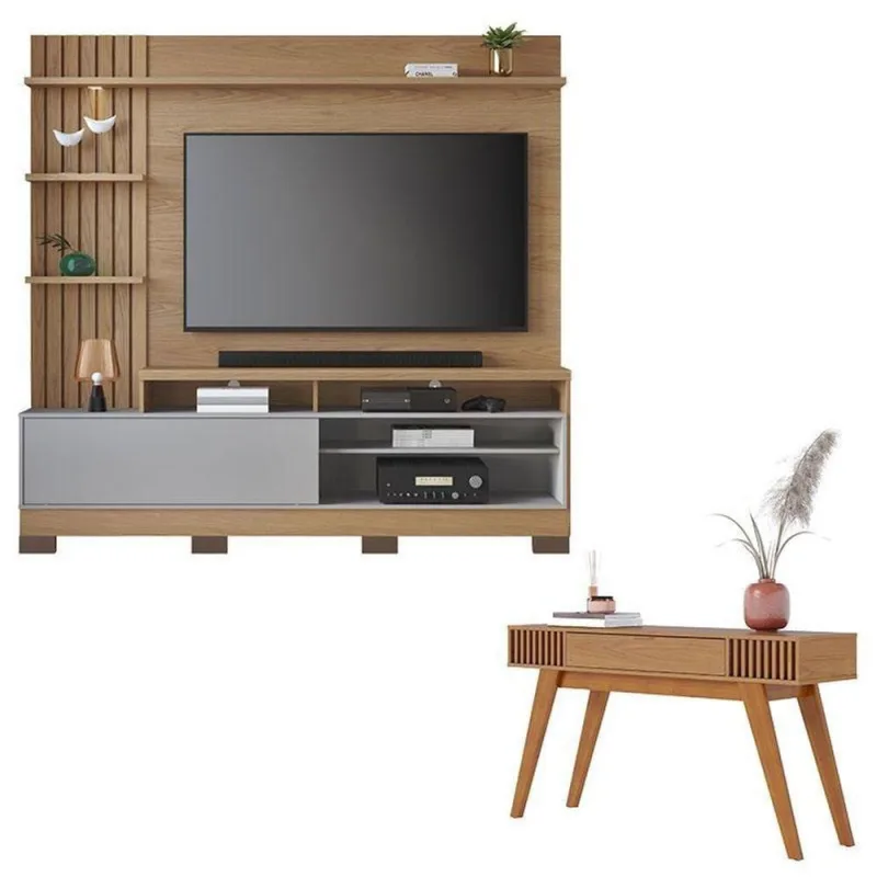 Estante Home Theater Maceió Com Pés Freijó Cinza Acetinado E Aparador Riviera Freijó – Colibri - colibri móveis - Móveis
