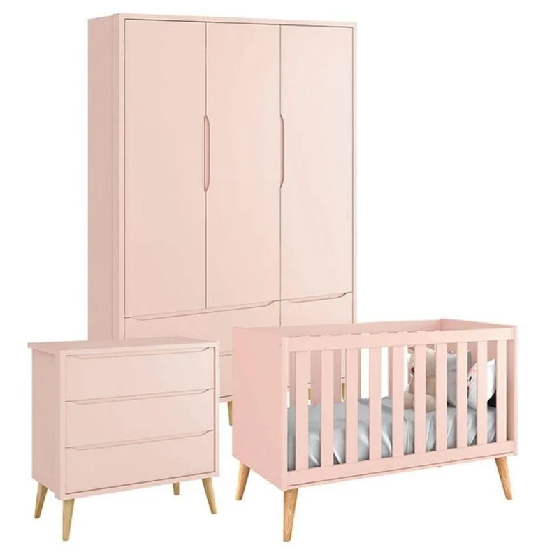 Quarto De Bebê Theo 3 Portas Cômoda Gaveteiro Rosa Com Pés Madeira Natural - Reller - OUTRAS - Móveis