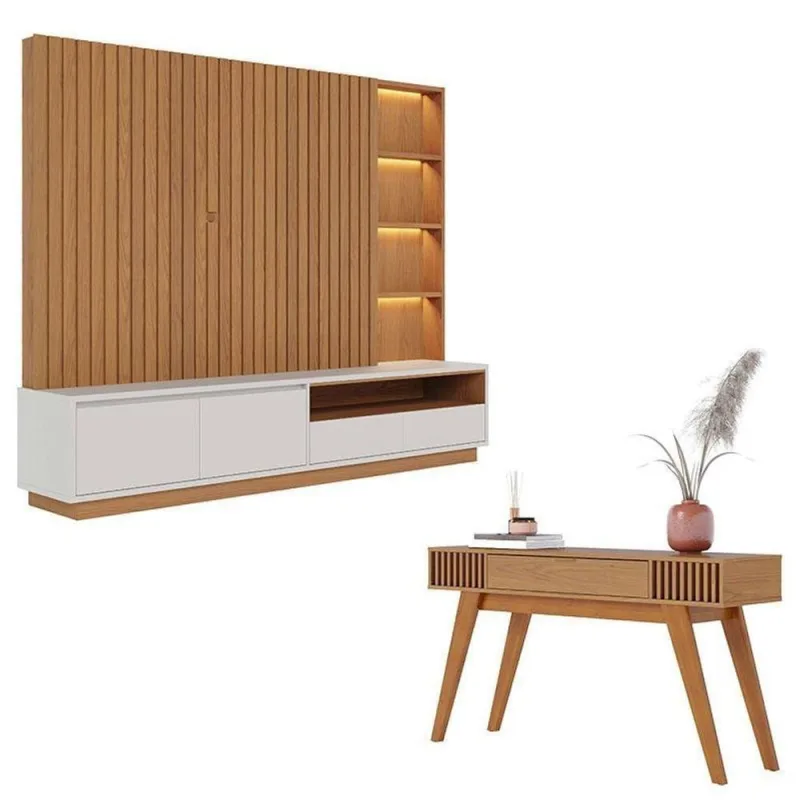 Estante Home Theater Cancún Freijó Off White Matte Com Aparador Riviera Freijó – Colibri - colibri móveis - Móveis