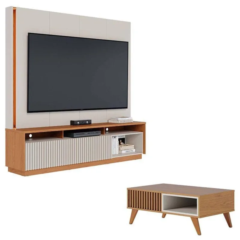 Estante Home Theater Jordão Off White Freijó Com Mesa De Centro Jeri Freijó Off White - Colibri - colibri móveis - Móveis