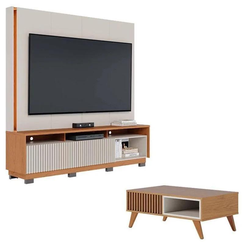 Estante Home Theater Jordão Com Pés Off White Freijó E Mesa De Centro Jeri Freijó Off White - Colibri - colibri móveis - Móveis