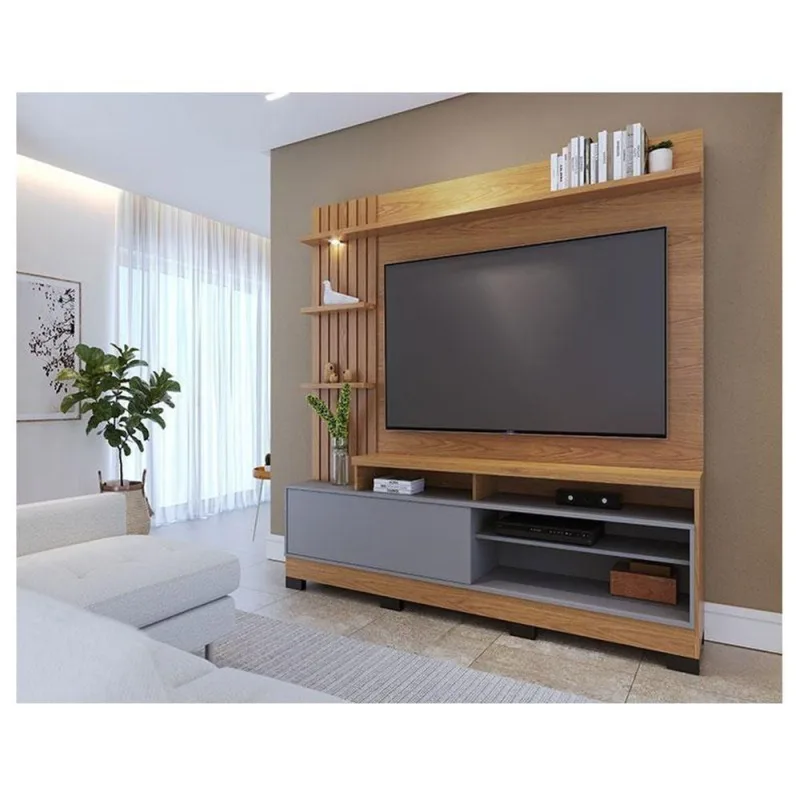 Estante Home Theater Ambiente Maceió Com Pés Freijó Cinza Acetinado – Colibri - colibri móveis - Móveis