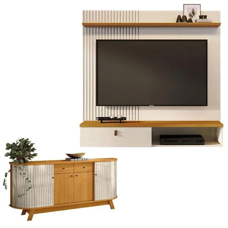 Estante Home Theater Suspenso íris Com Aparador Para Sala Buffet Mônaco Cinamomo Off White - Madetec - madetec moveis - Móveis